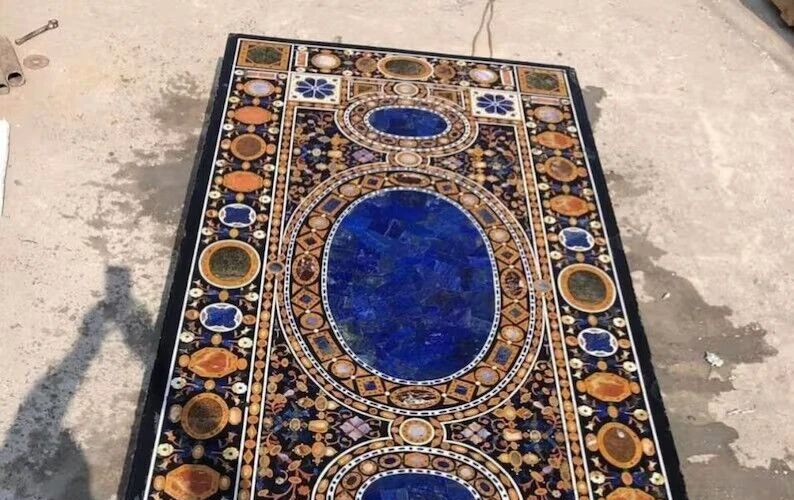 Black Marble Dining Table with Semi-Precious Lapis Mosaic Art