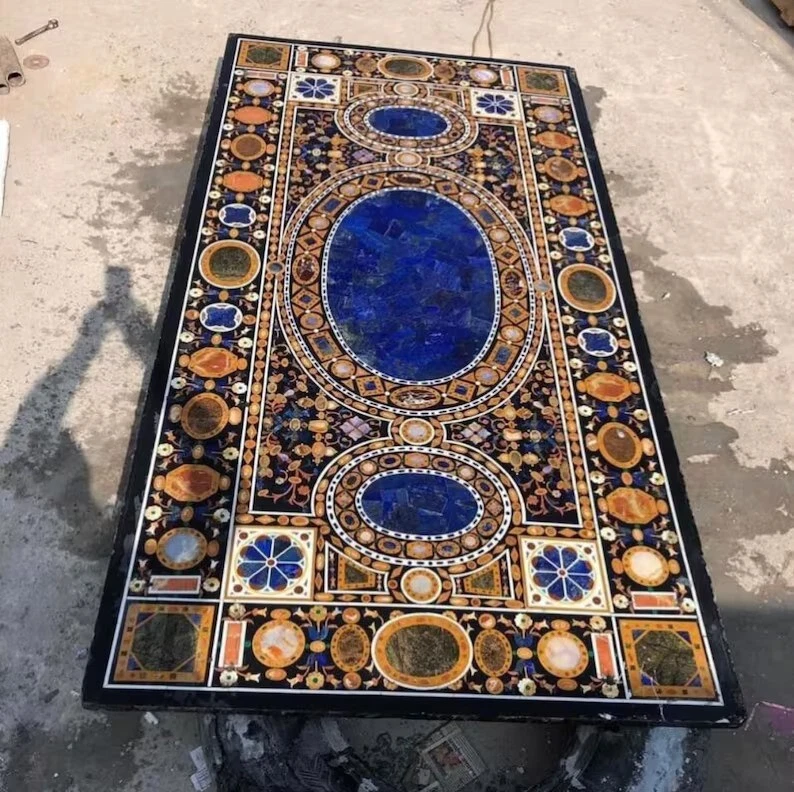 Black Marble Dining Table with Semi-Precious Lapis Mosaic Art